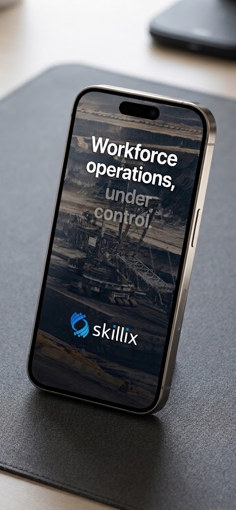 Skillix mobile app shown on an iPhone field operations render