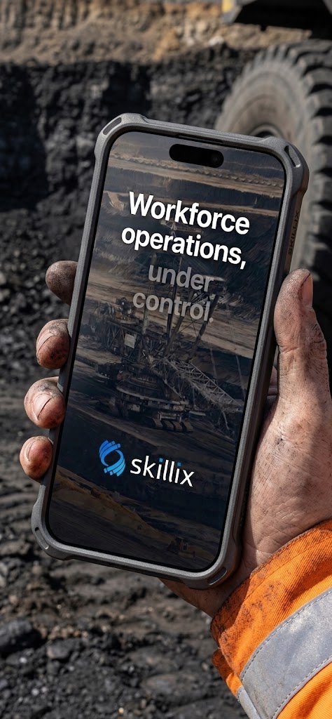 Skillix mobile app shown on an iPhone at a coal operations site