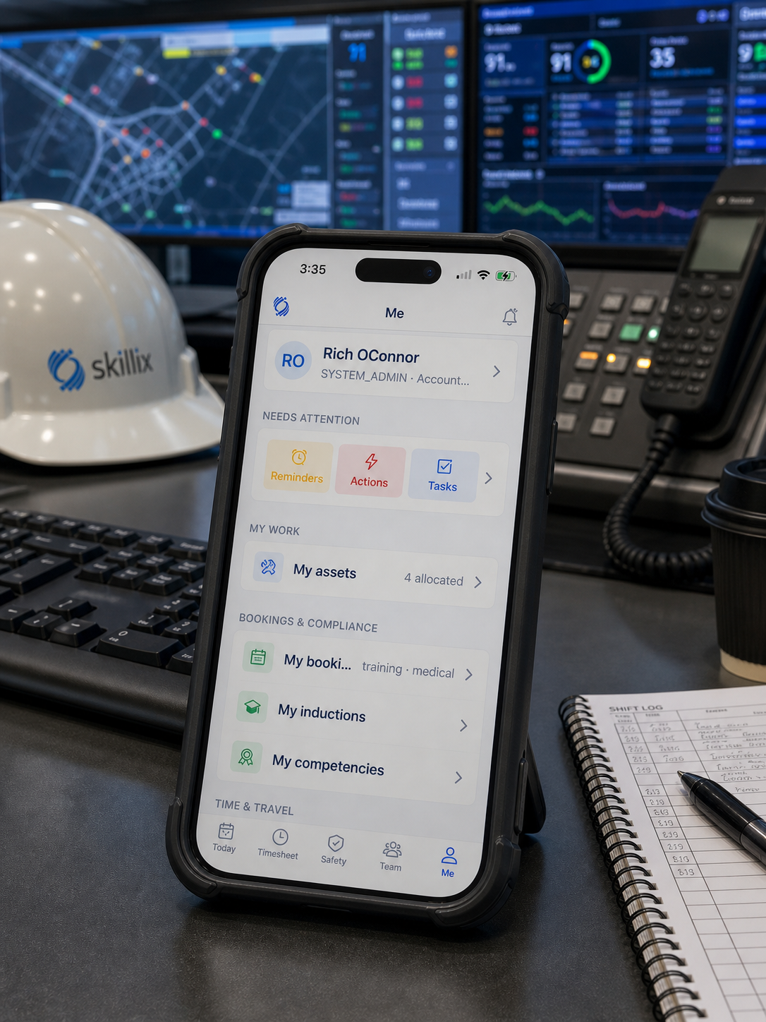 Skillix mobile control room screen on an iPhone render