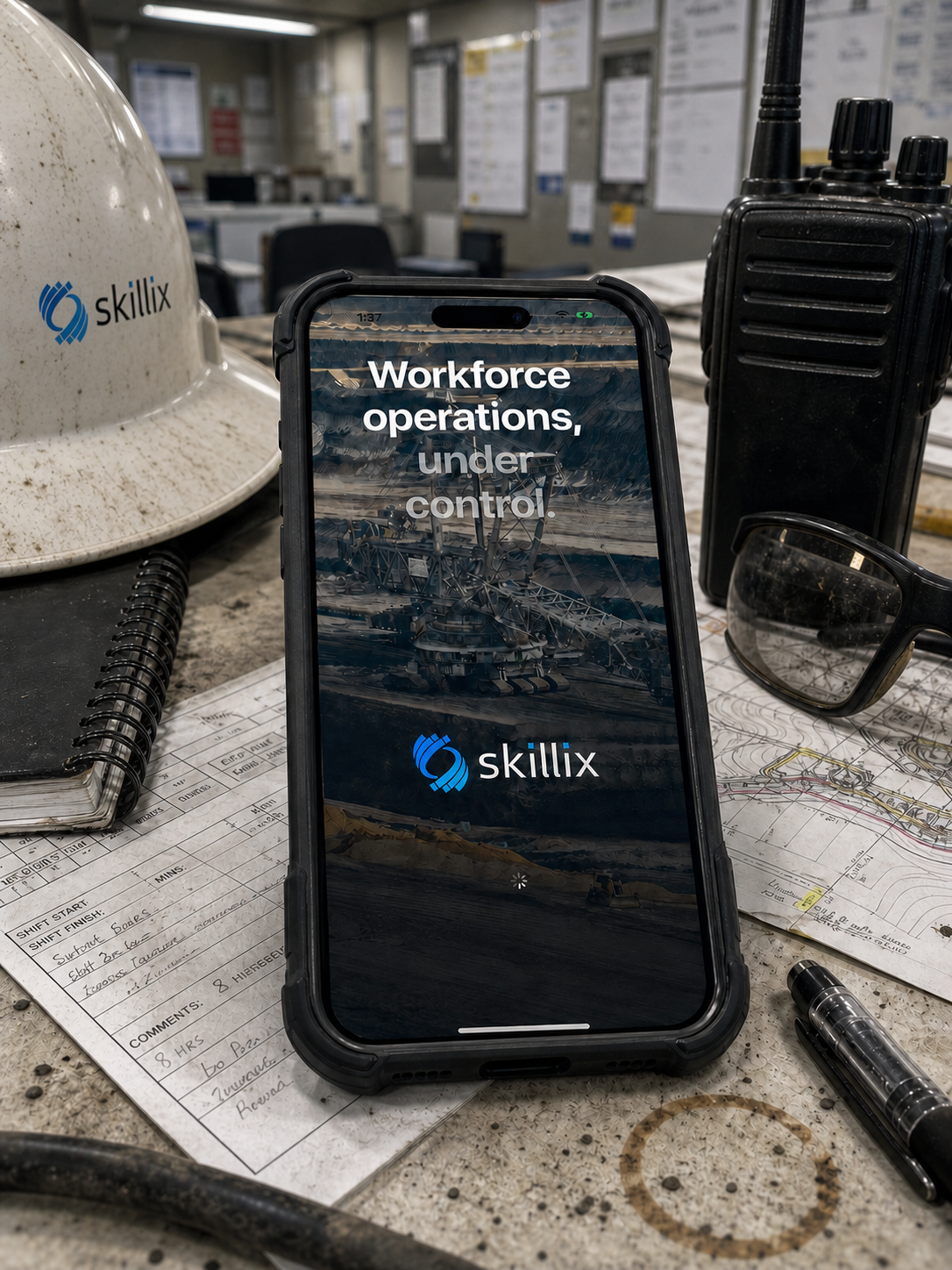 Skillix mobile app on an iPhone beside a site office helmet