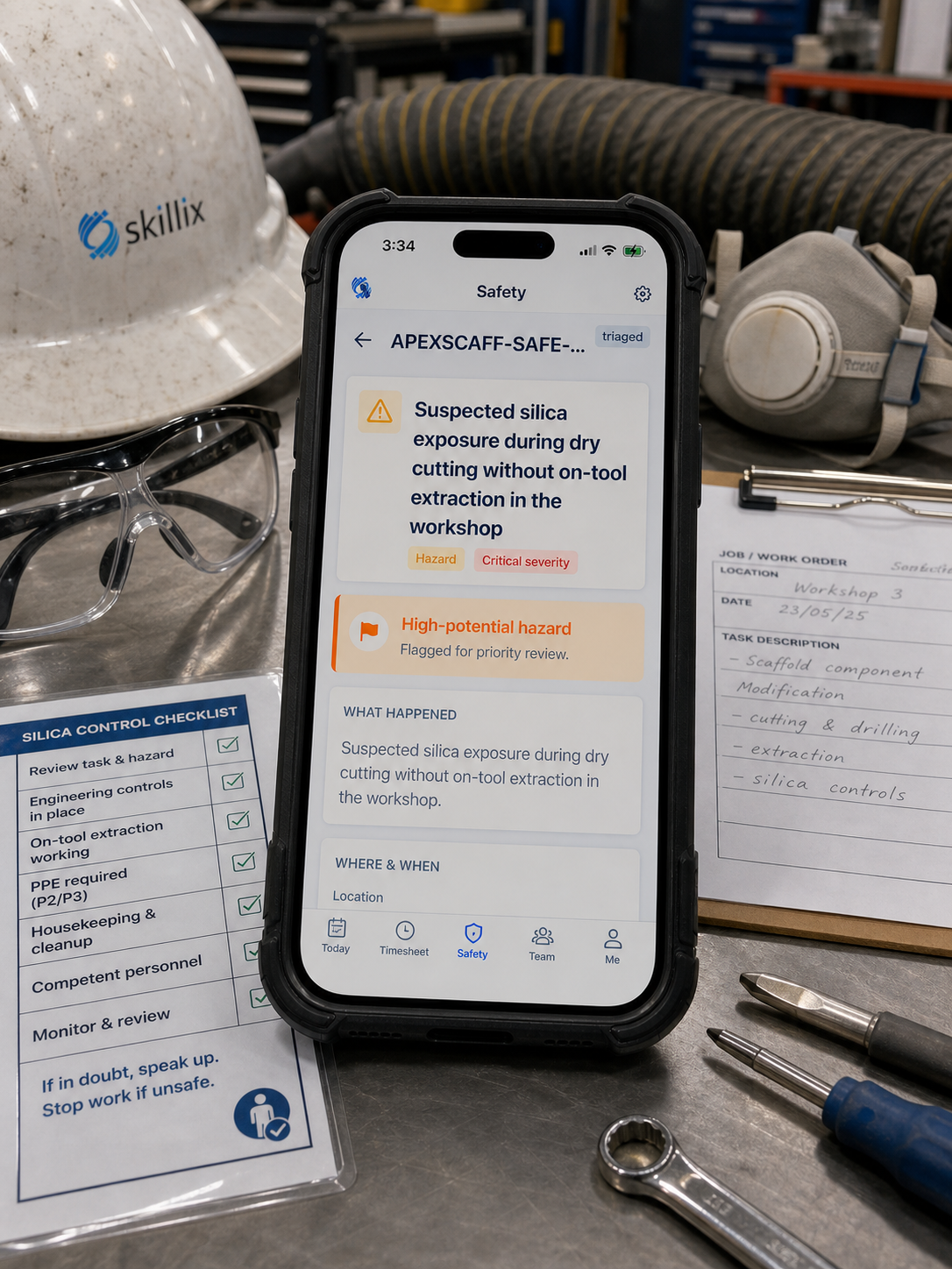 Skillix mobile hazard workflow on an iPhone in a workshop