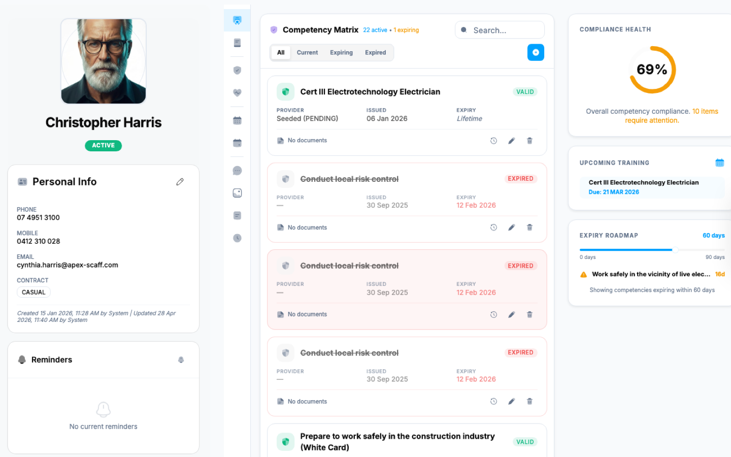 Employee readiness record screenshot
