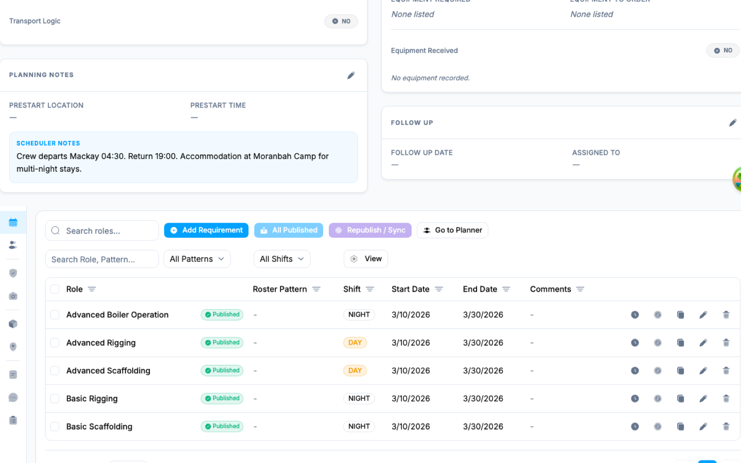 Job and site requirement control screenshot
